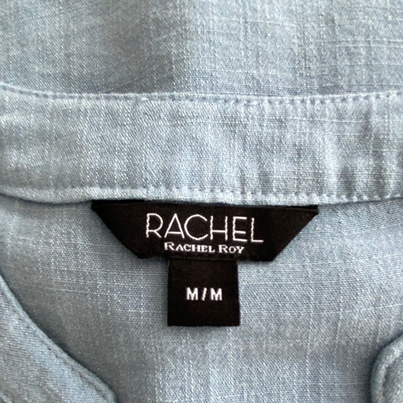 RAYCHEL Roy linen look v-neck tunic length short sleeve top in blue - Picture 5 of 7